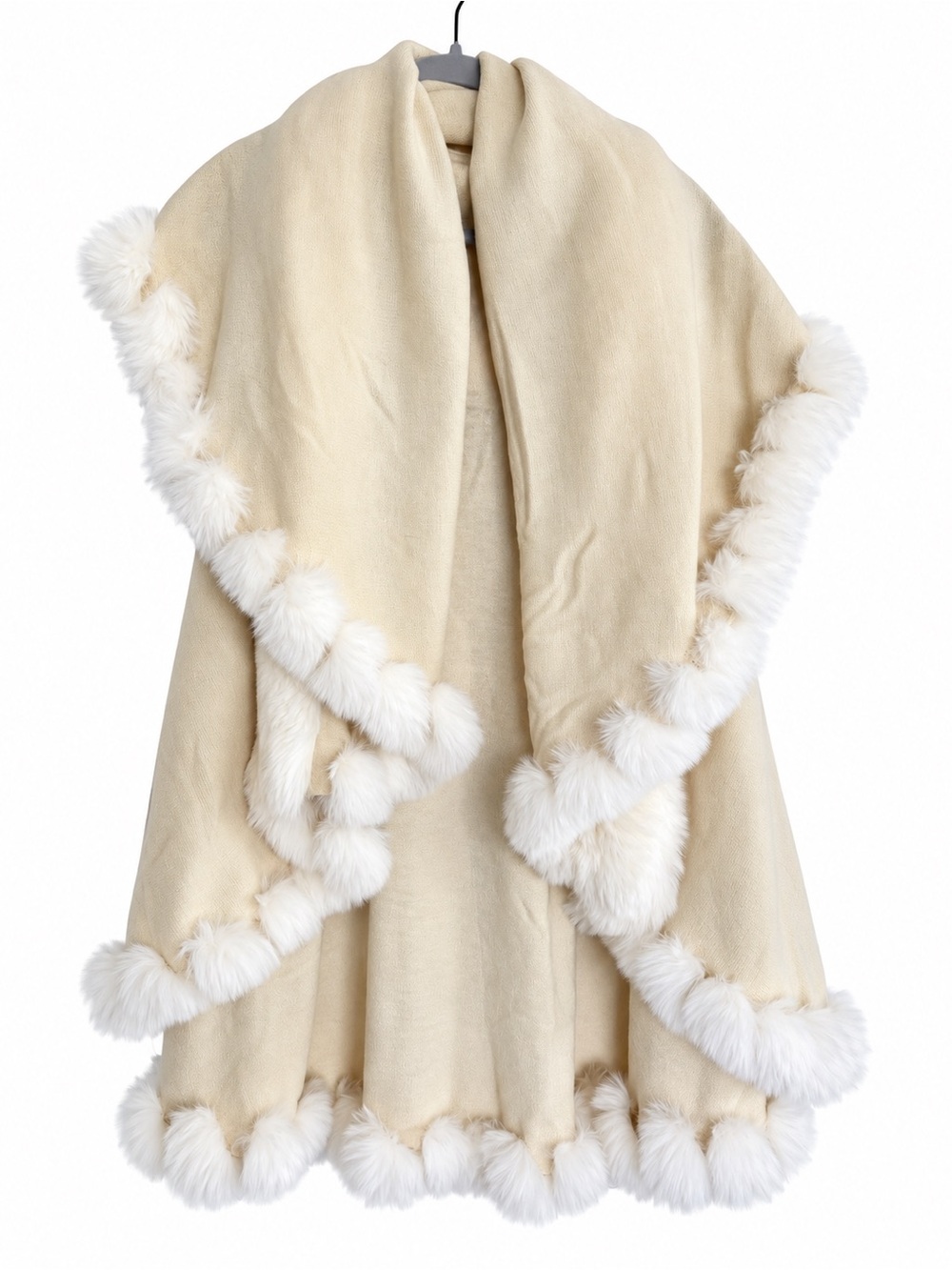Women’s Ivory Faux Fur Trim Hooded Cape Poncho Wrap Boho One Size